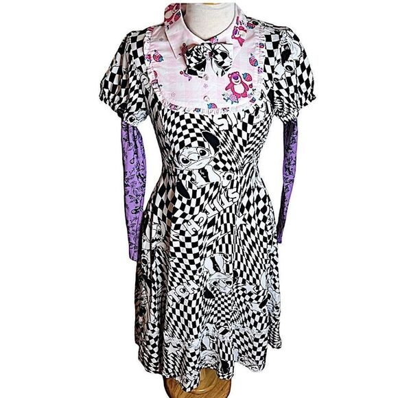 Disney Lilo & Stitch/Nightmare before Xmas Colab Warped Checkered Bowtie Dress P - Picture 1 of 8